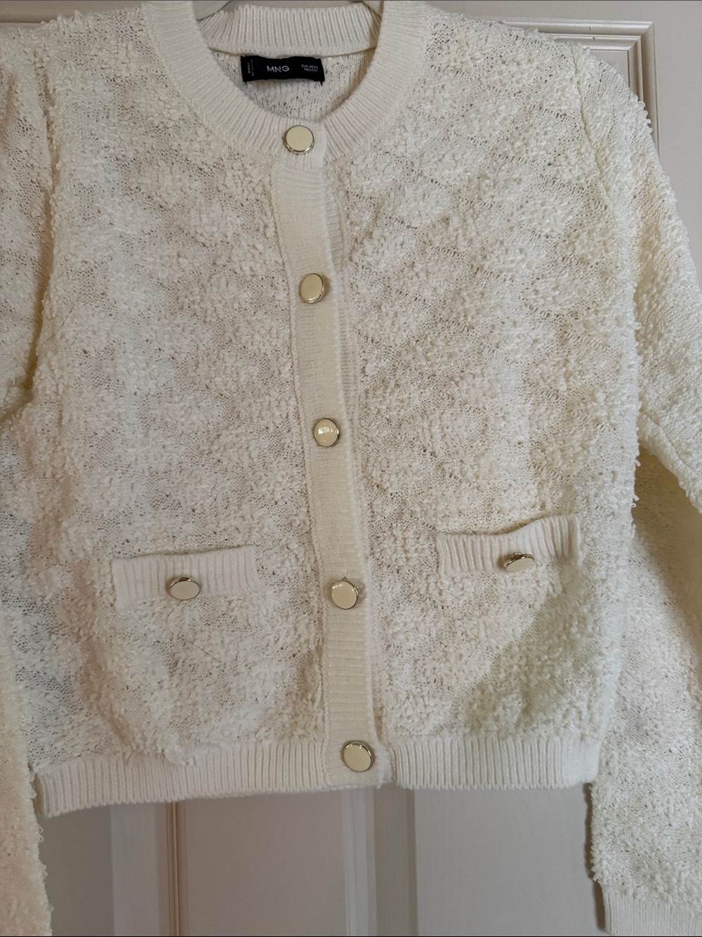 Mango Cream Textured Teddy Cardigan with Gold Buttons - Picture 2 of 8
